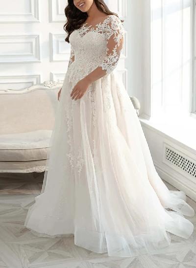 Elegant Plus Size A-Line Sleeves Lace/Tulle Wedding Dresses With Illusion Neck