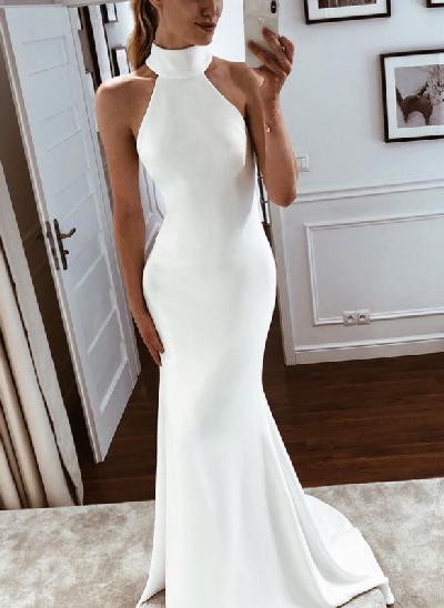 High Neck Simple Elastic Satin Trumpet/Mermaid Wedding Dresses