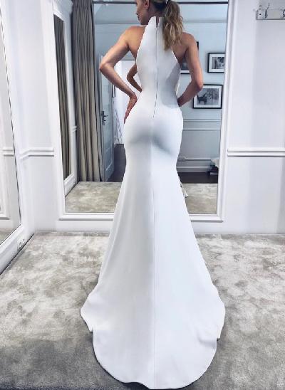 High Neck Simple Elastic Satin Trumpet/Mermaid Wedding Dresses