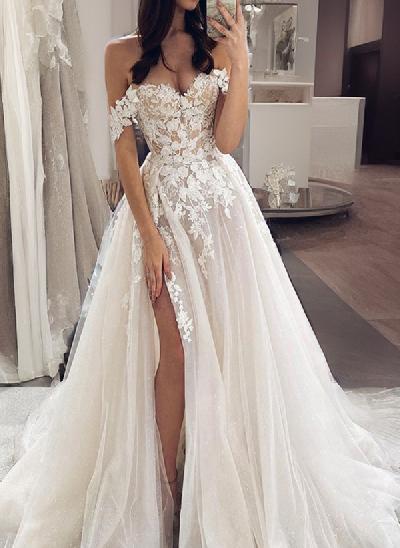 Boho Lace Off-The-Shoulder Slit Wedding Dresses