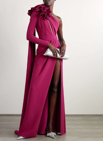 Sheath/Column One-Shoulder Long Sleeves Floor-Length Elastic Satin Evening Dresses