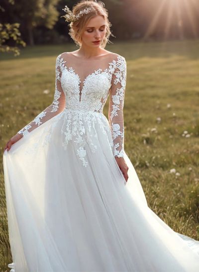 Long Sleeves Ball-Gown Lace Wedding Dresses With Romantic Tulle