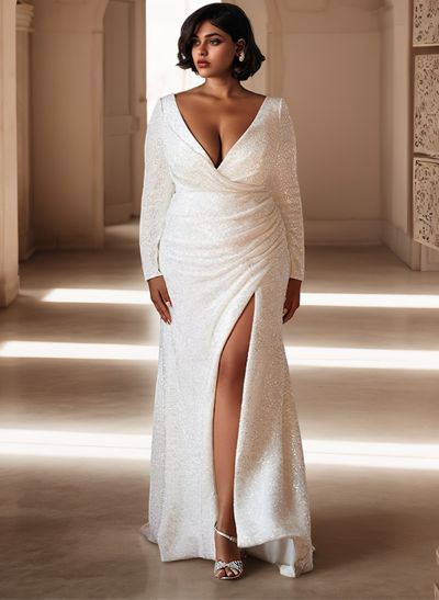 Sheath/Column V-Neck Long Sleeves Sequined Plus Size Wedding Dresses With Split Front