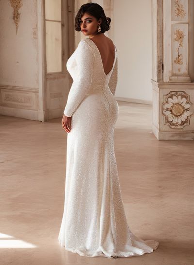 Sheath/Column V-Neck Long Sleeves Sequined Plus Size Wedding Dresses With Split Front