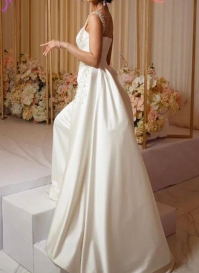 Trumpet/Mermaid One-Shoulder Luxury Satin Wedding Dresses With Beading