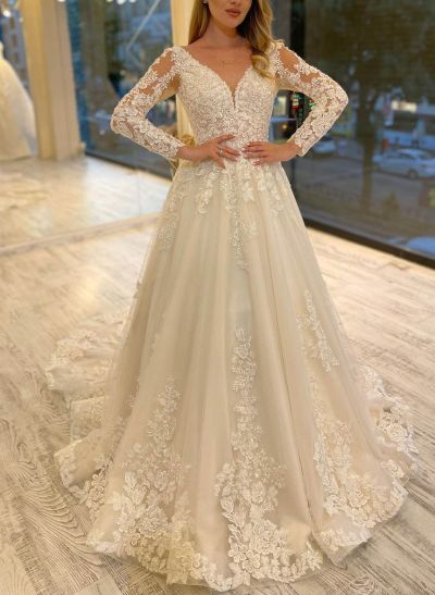 Luxury Lace V-Neck Long Sleeves A-Line Wedding Dresses