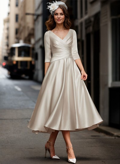 A-Line V-Neck 3/4 Sleeves Tea-Length Matte Satin(Non-Stretch) Cocktail Dresses