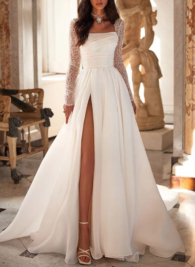 A-Line Square Neckline Long Sleeves Chiffon Wedding Dresses With High Split