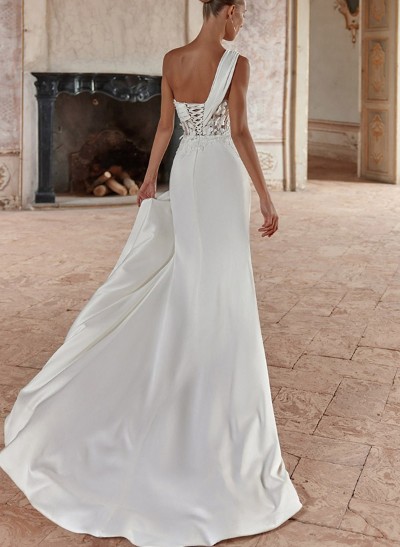 Sheath/Column One-Shoulder Satin/Sequined Wedding Dresses With High Split