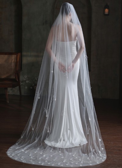 One-Tier Tulle Cathedral Bridal Veils With Floral