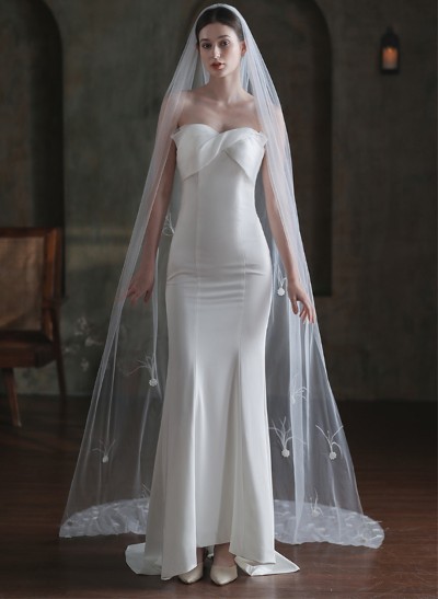 One-Tier Tulle Cathedral Bridal Veils With Floral