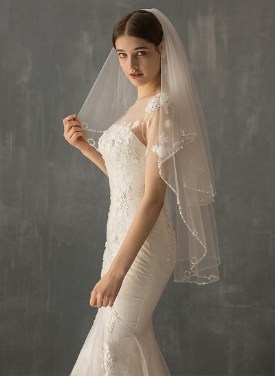 Beaded Edge Cascade Two-Tier Fingertip Bridal Veils