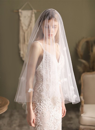 Cut Edge Two-Tier Fingertip Bridal Veils With Floral