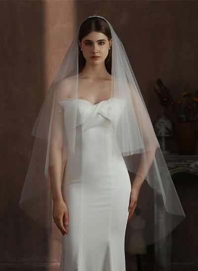 Cut Edge Two-Tier Fingertip Bridal Veils With Rhinestones