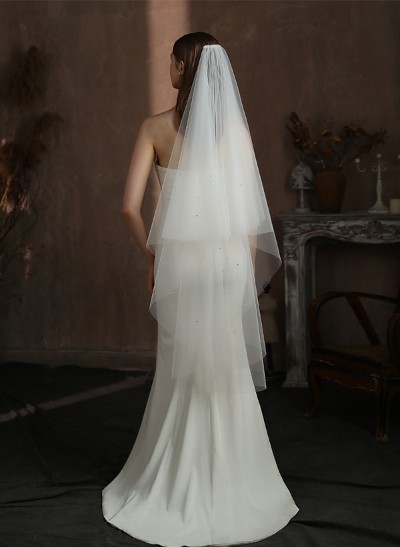 Cut Edge Two-Tier Fingertip Bridal Veils With Rhinestones