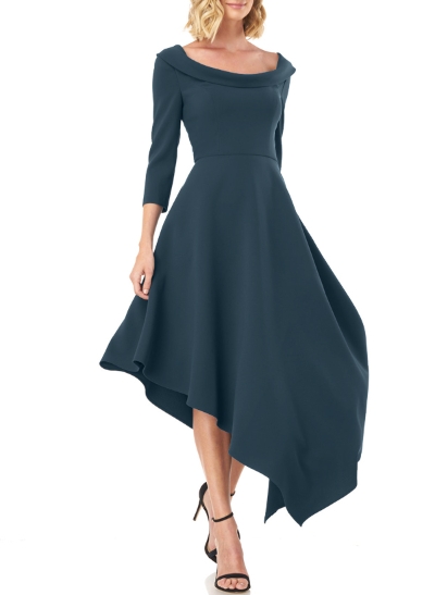 A-Line Cowl Neck 3/4 Sleeves Asymmetrical Elastic Satin Cocktail Dresses