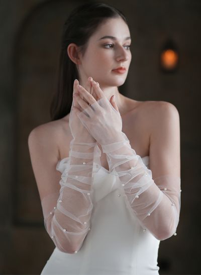 Fingerless Opera Length Tulle Bridal Glove With Pearl