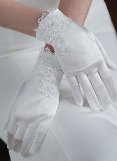 Fingertips Classic Length Satin Bridal Gloves With Lace