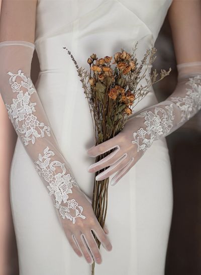 Fingertips Opera Length Tulle Bridal Gloves With Lace