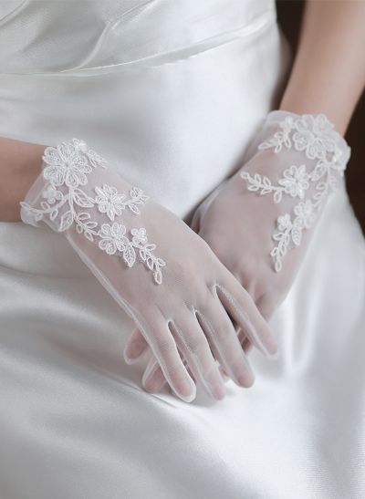 Fingertips Classic Length Tulle Bridal Gloves With Lace