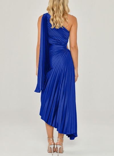 A-Line One-Shoulder Sleeveless Silk Like Satin Cocktail Dresses With Pleated