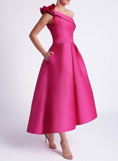 A-Line One-Shoulder Sleeveless Satin Cocktail Dresses With Ruffle