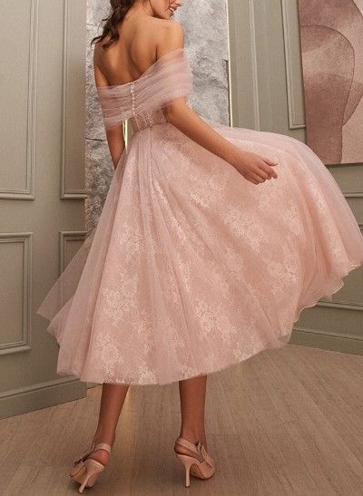 A-Line Off-The-Shoulder Sleeveless Tulle Cocktail Dresses With Appliques Lace