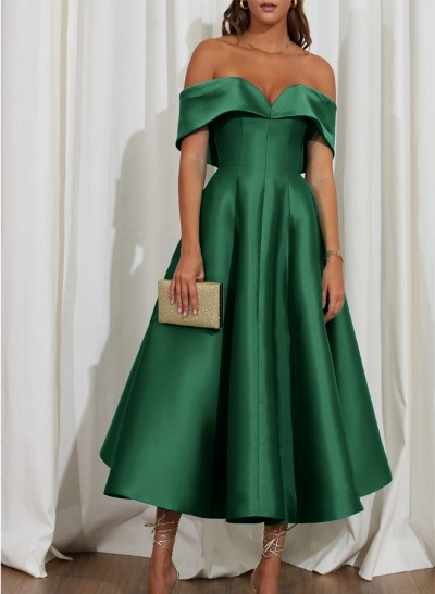 A-Line Off-The-Shoulder Sleeveless Tea-Length Satin Cocktail Dresses