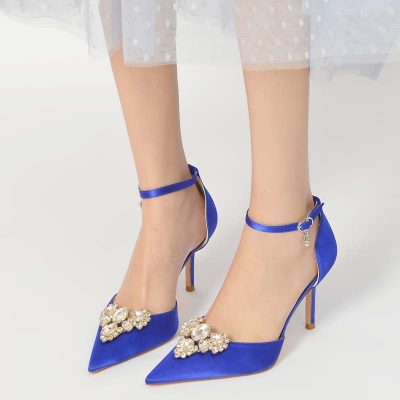 Stiletto Heel Point Toe Silk Like Satin Wedding Shoes With Rhinestone