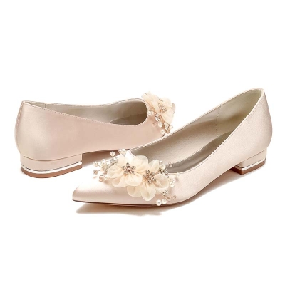 Low Heel Point Toe Slip On Wedding Shoes With Imitation Pearl