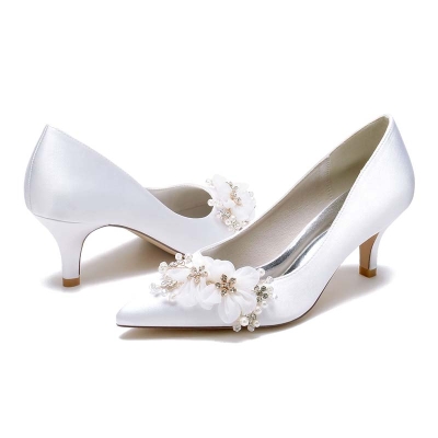 Kitten Heel Point Toe Slip On Wedding Shoes With Imitation Pearl