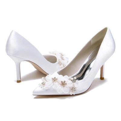 Stiletto Heel Point Toe Slip On Wedding Shoes With Imitation Pearl