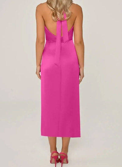 Sheath/Column Halter Sleeveless Silk Like Satin Cocktail Dresses With High Split