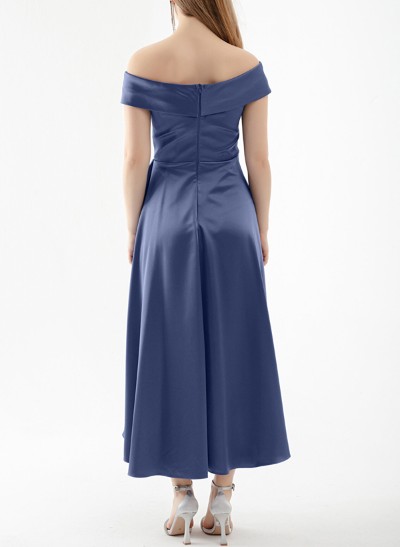 A-Line Off-The-Shoulder Sleeveless Satin Cocktail Dresses With Ruffle/Split Front