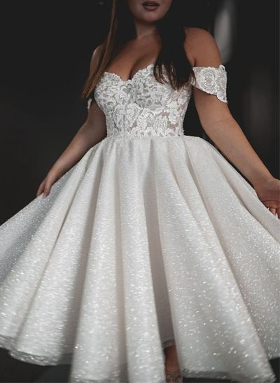 A-Line Off-The-Shoulder Sleeveless Lace Sequined Tea-Length Wedding Dress