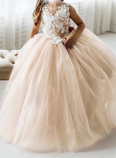 A-Line V-Neck Sleeveless Tulle Flower Girl Dresses With Appliques Lace