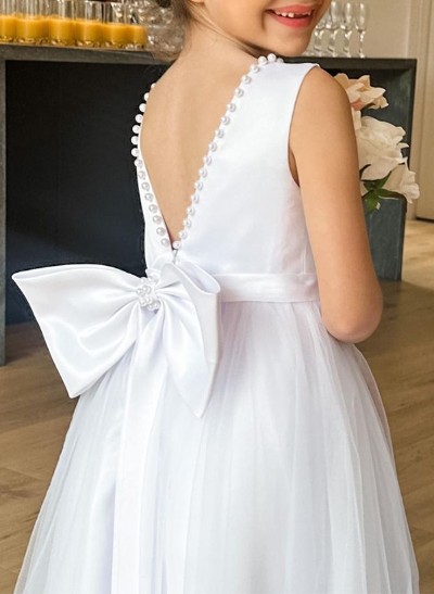 A-Line Scoop Neck Satin/Tulle Flower Girl Dresses With Bow(s)/Beading