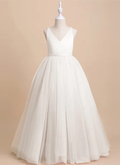 A-Line V-Neck Sleeveless Satin/Tulle Flower Girl Dresses With Bow(s)