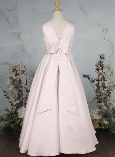 A-Line V-Neck Sleeveless Floor-Length Satin Flower Girl Dresses With Bow(s)