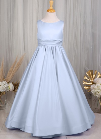 A-Line Scoop Neck Sleeveless Floor-Length Satin Flower Girl Dresses With Bow(s)