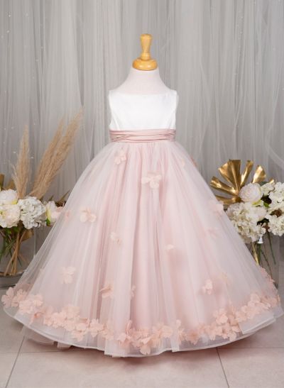 A-Line Scoop Neck Sleeveless Satin/Tulle Flower Girl Dresses With Flower(s)