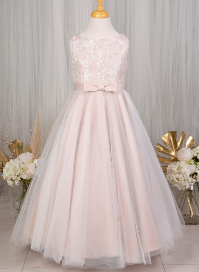 A-Line Scoop Neck Sleeveless Satin/Tulle Flower Girl Dresses With Bow(s)/Lace