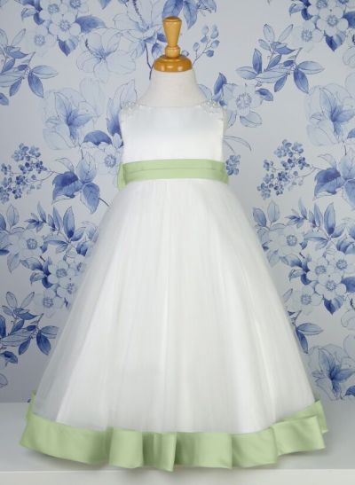 A-Line Scoop Neck Satin/Tulle Flower Girl Dresses With Bow(s)/Beading