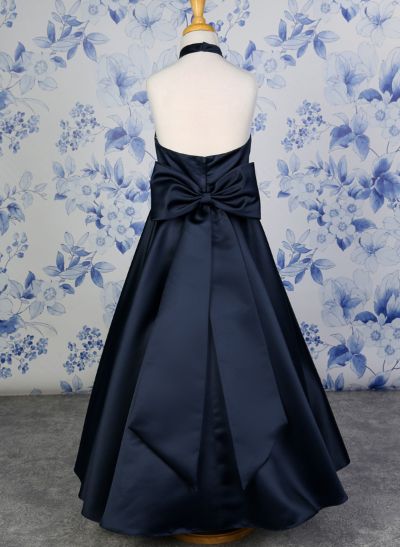 A-Line Halter Sleeveless Floor-Length Satin Flower Girl Dresses With Bow(s)