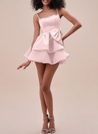 A-Line Square Neckline Short/Mini Satin Homecoming Dresses With Bow(s)