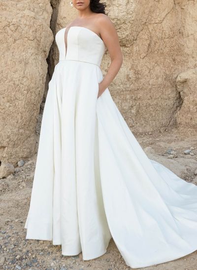 Plus Size A-Line Strapless Sleeveless Sweep Train Satin Wedding Dresses With Pockets