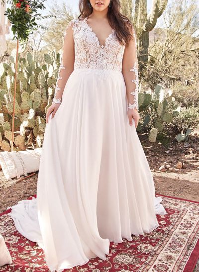 Plus Size A-Line V-Neck Long Sleeves Sweep Train Chiffon Wedding Dresses