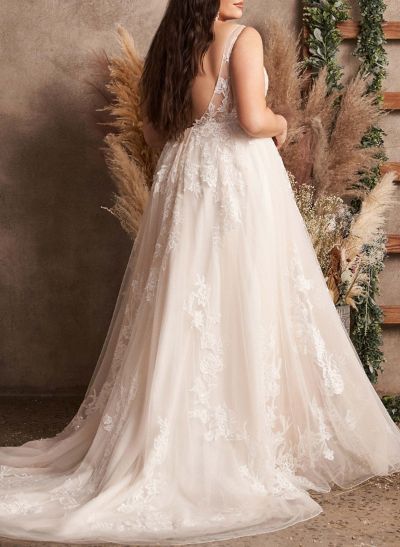 Plus Size A-Line V-Neck Sleeveless Sweep Train Tulle Wedding Dresses With Lace