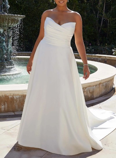 Plus Size A-Line Strapless Sleeveless Court Train Satin Wedding Dresses