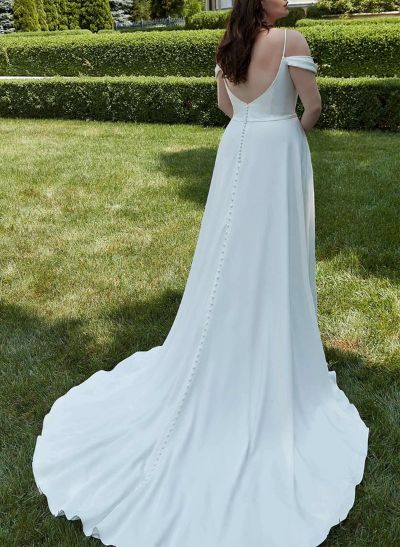 Plus Size Sheath/Column Cowl Neck Sweep Train Silk Like Satin Wedding Dresses With High Split